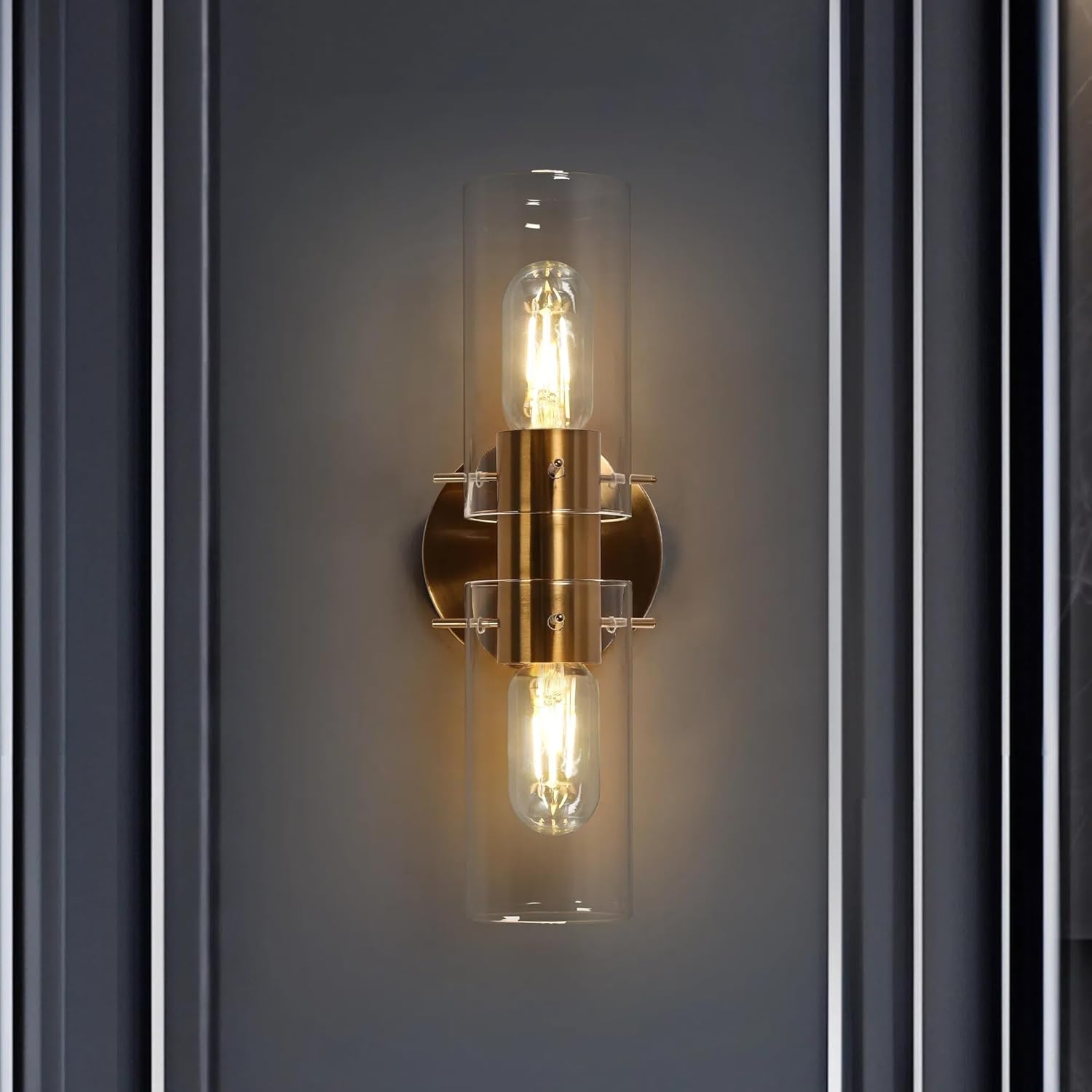 Sconces Wall Lighting, Modern Gold Wall Sconces Indoor with Clear Glass Shade, 2-Light Plating Brass Bedroom Bathroom Wall Sconce Light Fixtures for Living Room, Kitchen, Hallway