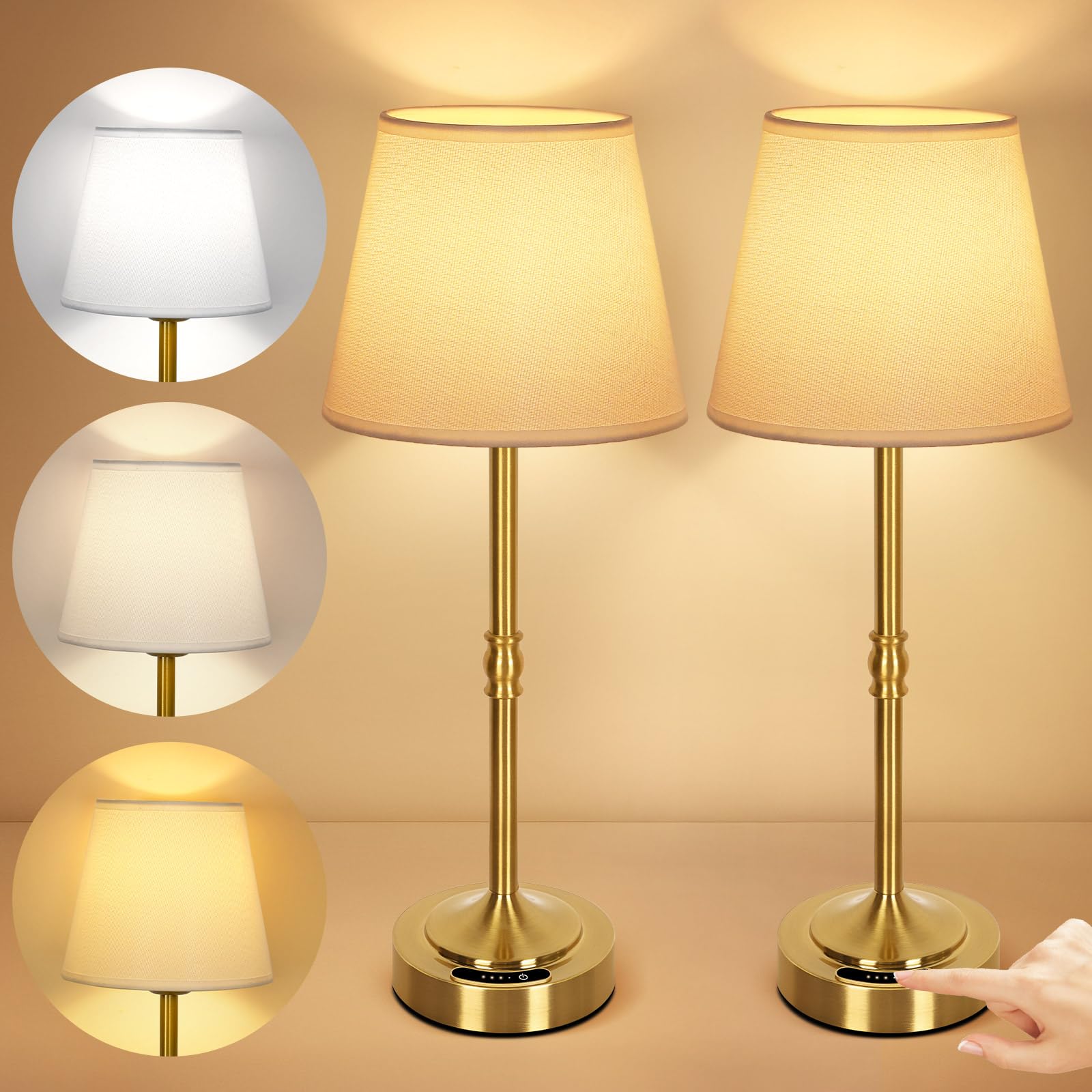 OUTON 2er Set Nachttischlampe Kabellos – Dimmbar, 3 Lichtfarben, 4000mAh USB-C Aufladbar, 60 Std Laufzeit – Akku Tischlampe Gold für Schlafzimmer, Wohnzimmer, Esszimmer