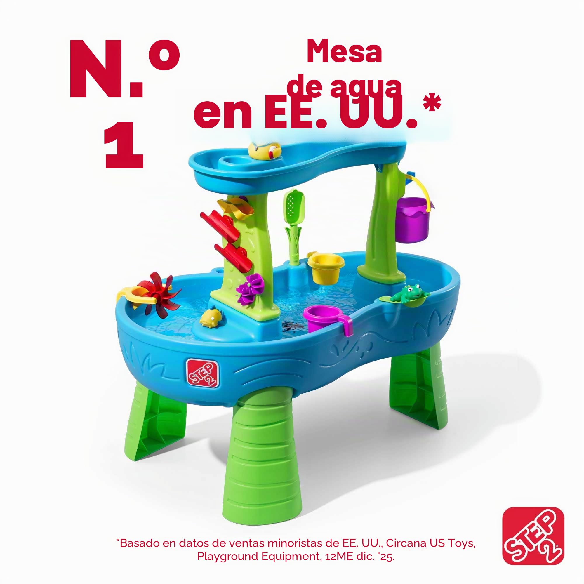Step2 Rain Showers Mesa de Agua y Arena, Azul y Verde, 13 Accesorios, Juegos de Agua para Niños