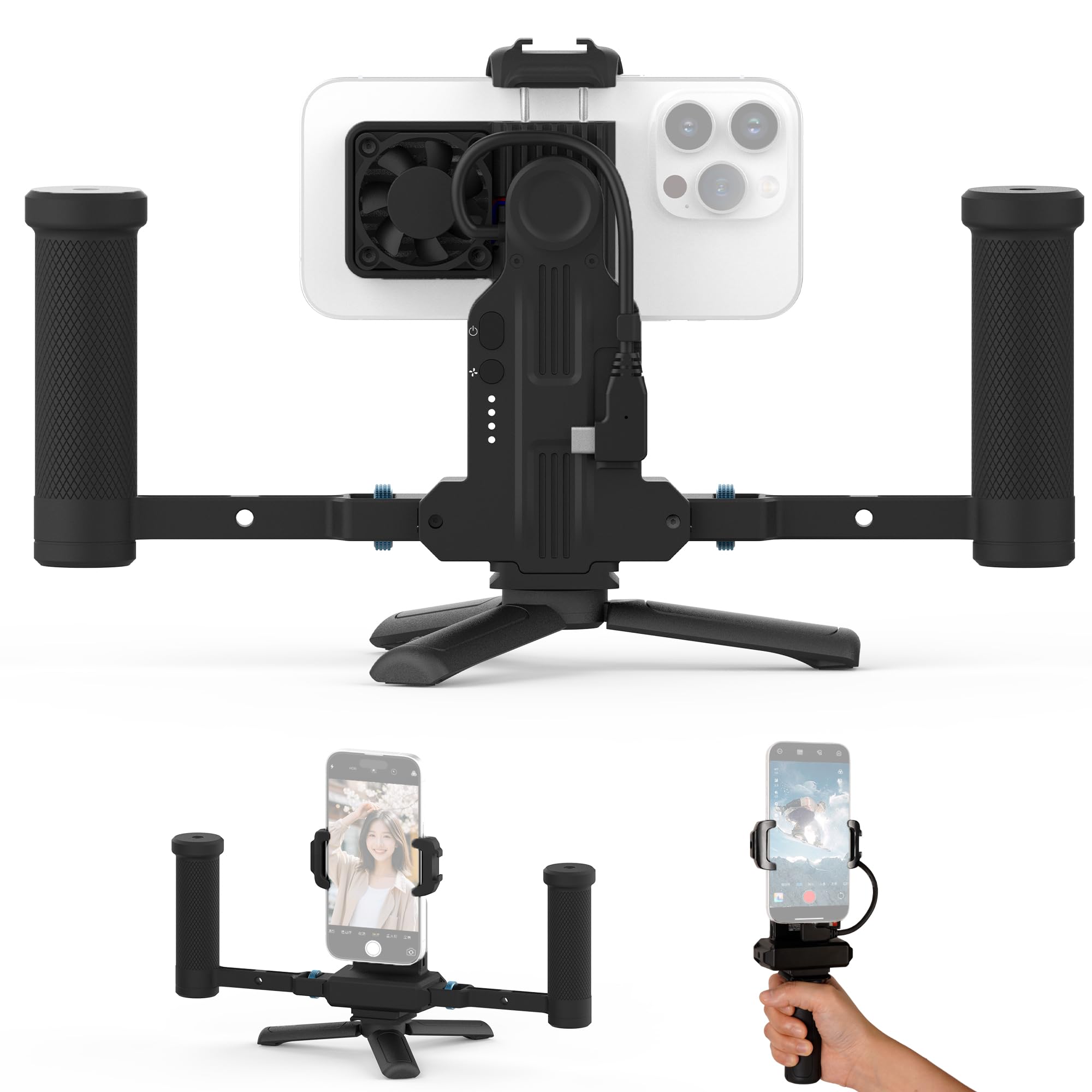 FeiyuTech Dispositivo de vídeo para smartphone con ventilador, 3 puertos tipo C, liberación rápida Arca-Quick, grabación horizontal/vertical, marco de agarre profesional