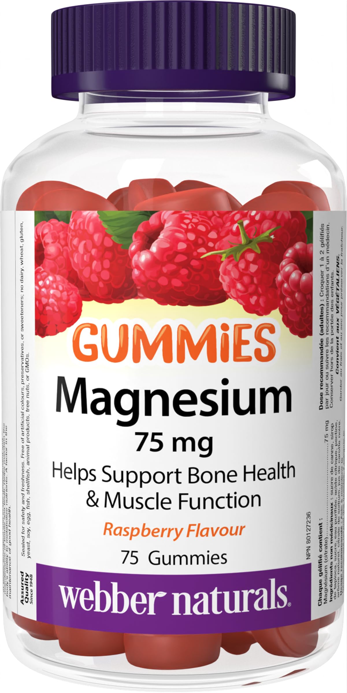 Webber Naturals Magnesium Gummy 75 mg, 75 Raspberry Flavoured Gummies, Supports Bone and Muscle Functions, Vegan