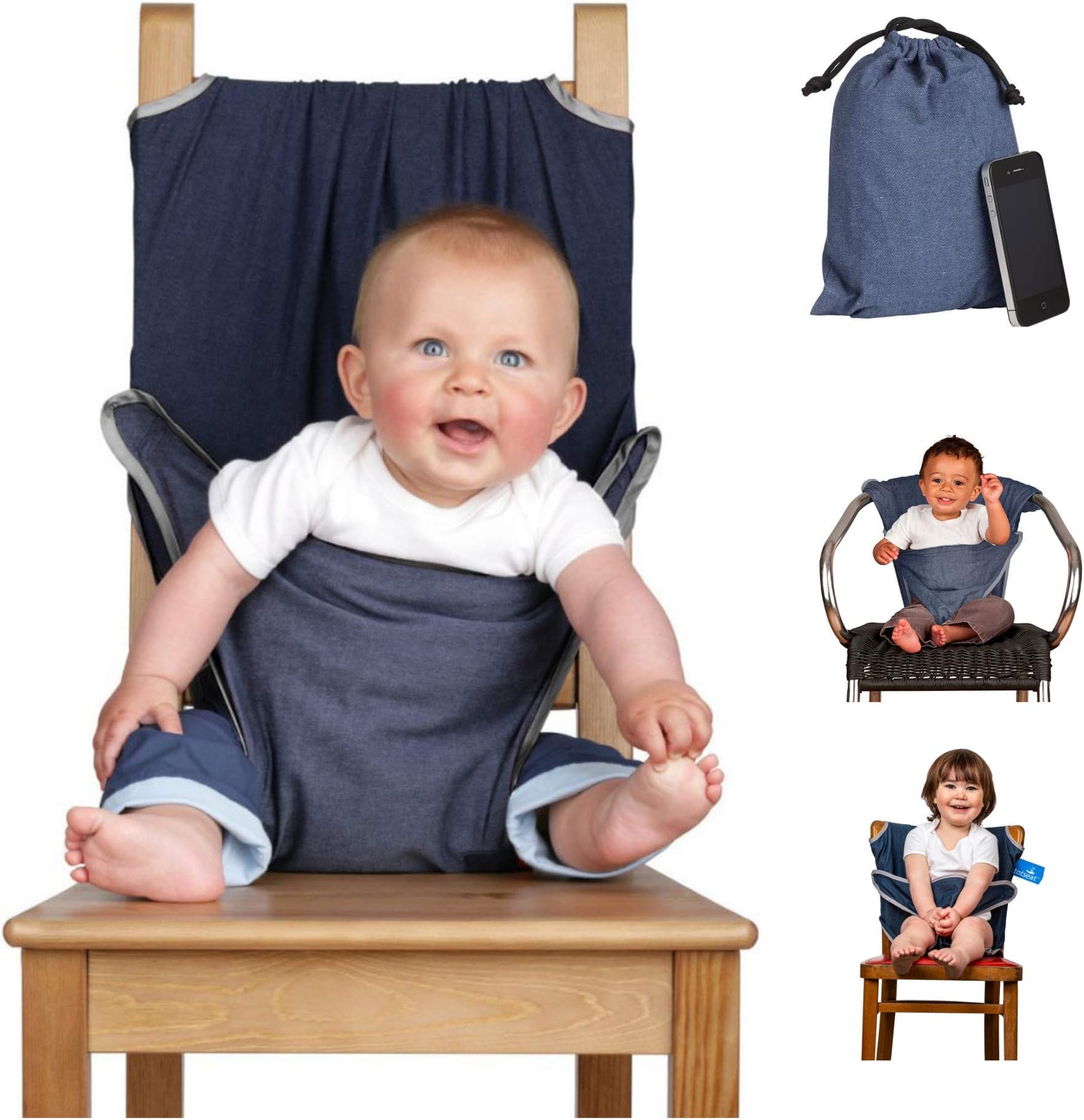 Totseat Chair Harness: The Washable and Squashable Travel High Chair in Denim