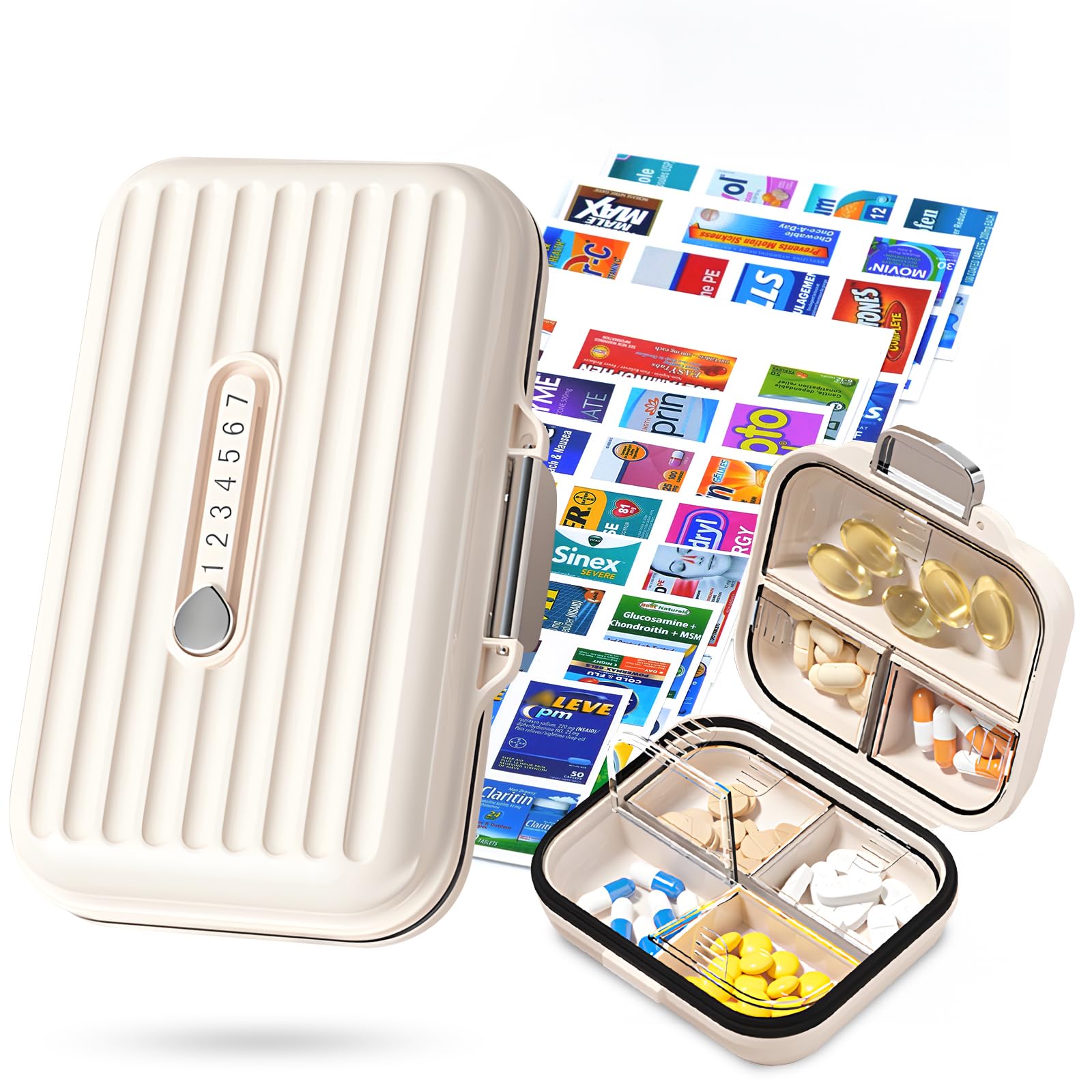 Goffing Travel Pill Organizer Box with Medicine Labels, 2Pack 7 Compartments Portable Pill Case, Daily Medication Organizer Storage Pill Container for