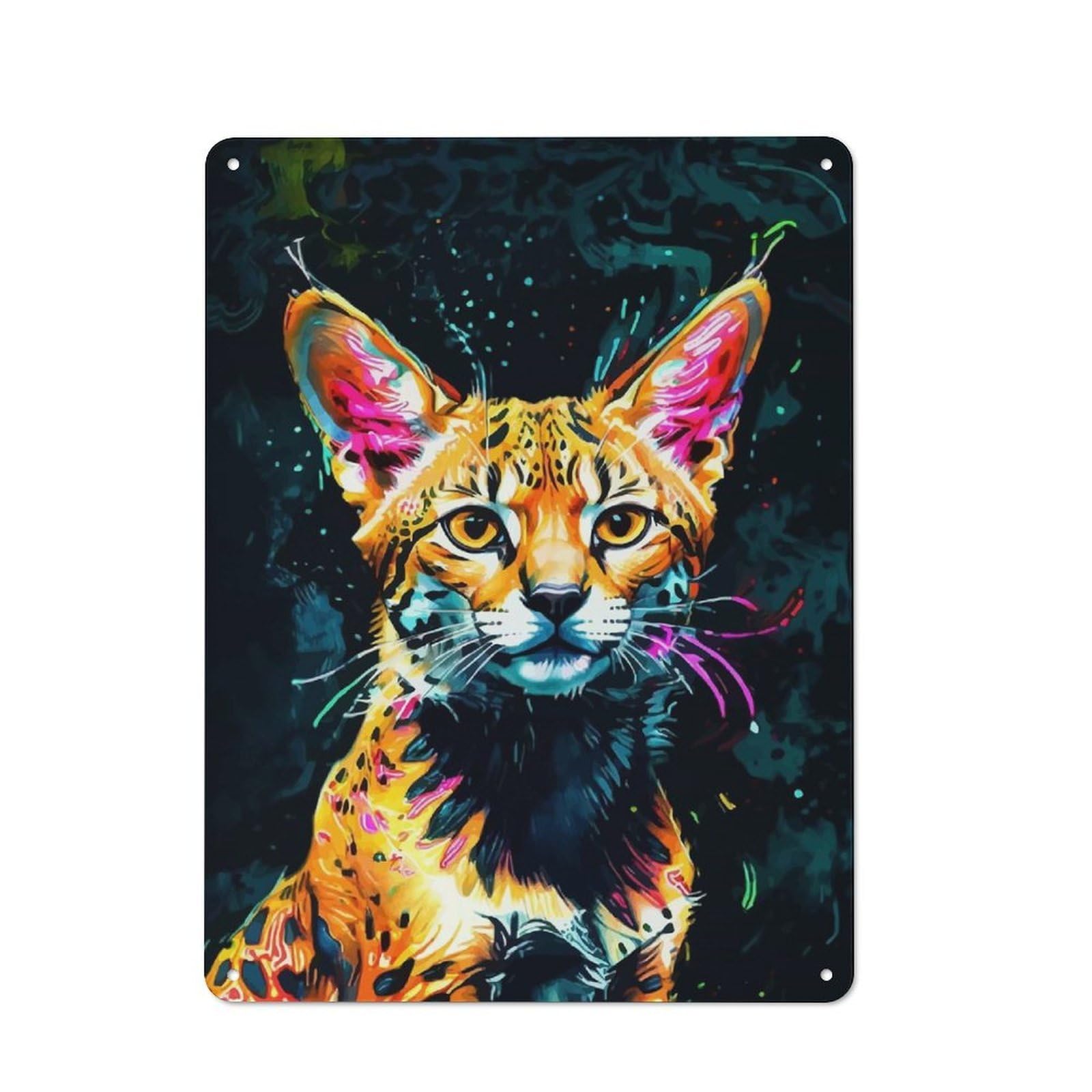Junmoney Neon Serval Cat Metal Wall Sign 40X30cm Featuring For Bar Or Restaurant, For Restaurant Interior Fans