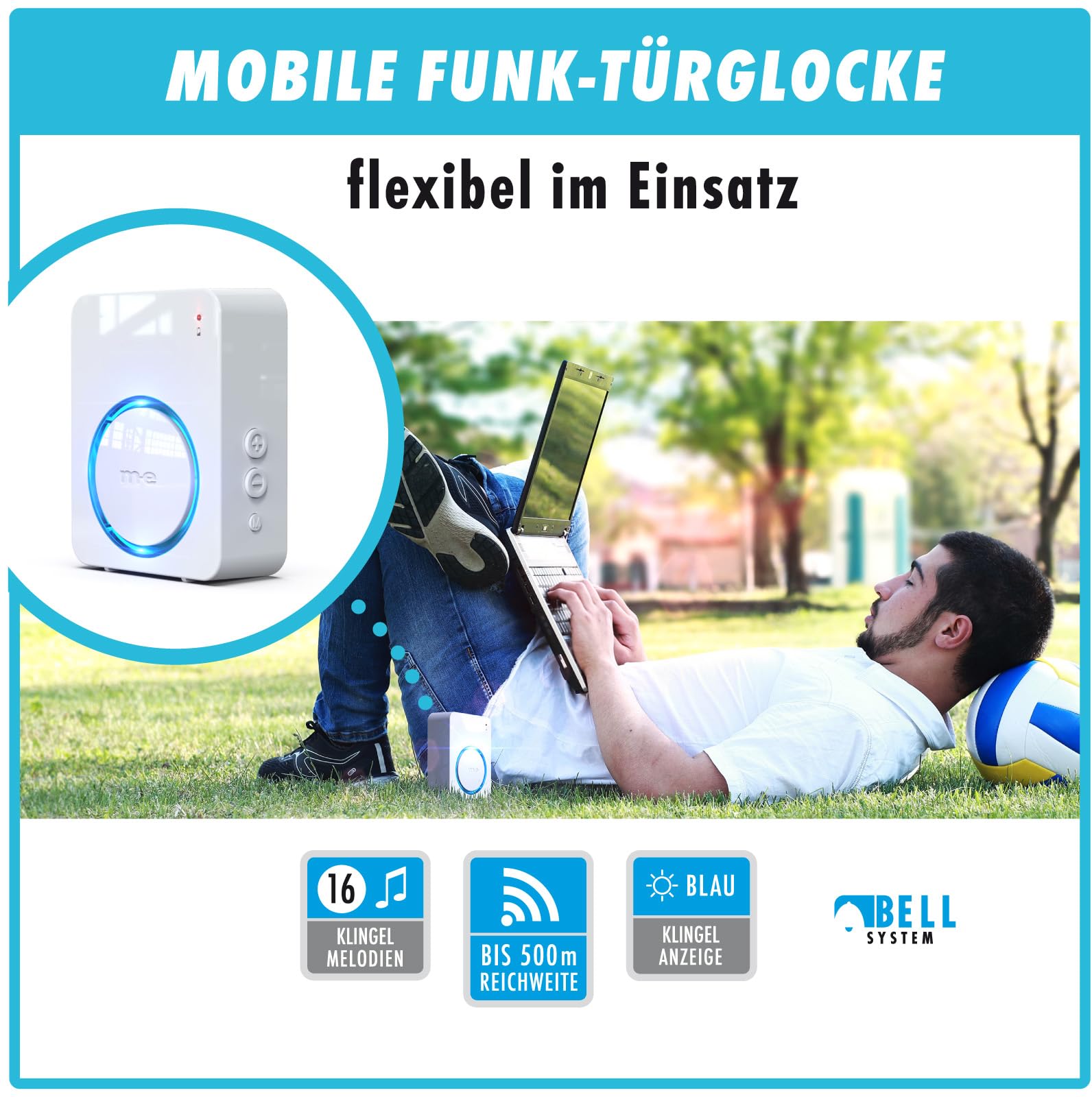 m-e Funkklingel BELL-522 BO Anthrazit mit Sender und Empfänger für 2-Familienhaus, Erweiterbare kabellose Türklingel mit 500 Meter Reichweite, Türglocke für Batteriebetrieb
