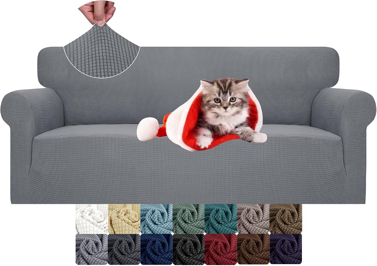 High Stretch Couch Covers for 3 Cushion Couch 1-Piece Jacquard Sofa Slipcovers Fitted Washable Sofa Covers with Elastic Bottom Furniture Protector for Kids Pets (Sofa, Light Gray)