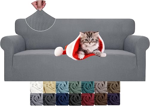 JIVINER High Stretch Couch Covers for 3 Cushion Couch 1-Piece Jacquard Sofa Slipcovers Fitted Washable Sofa Covers with Elastic Bottom Furniture Protector for Kids Pets Sofa, Light Gray