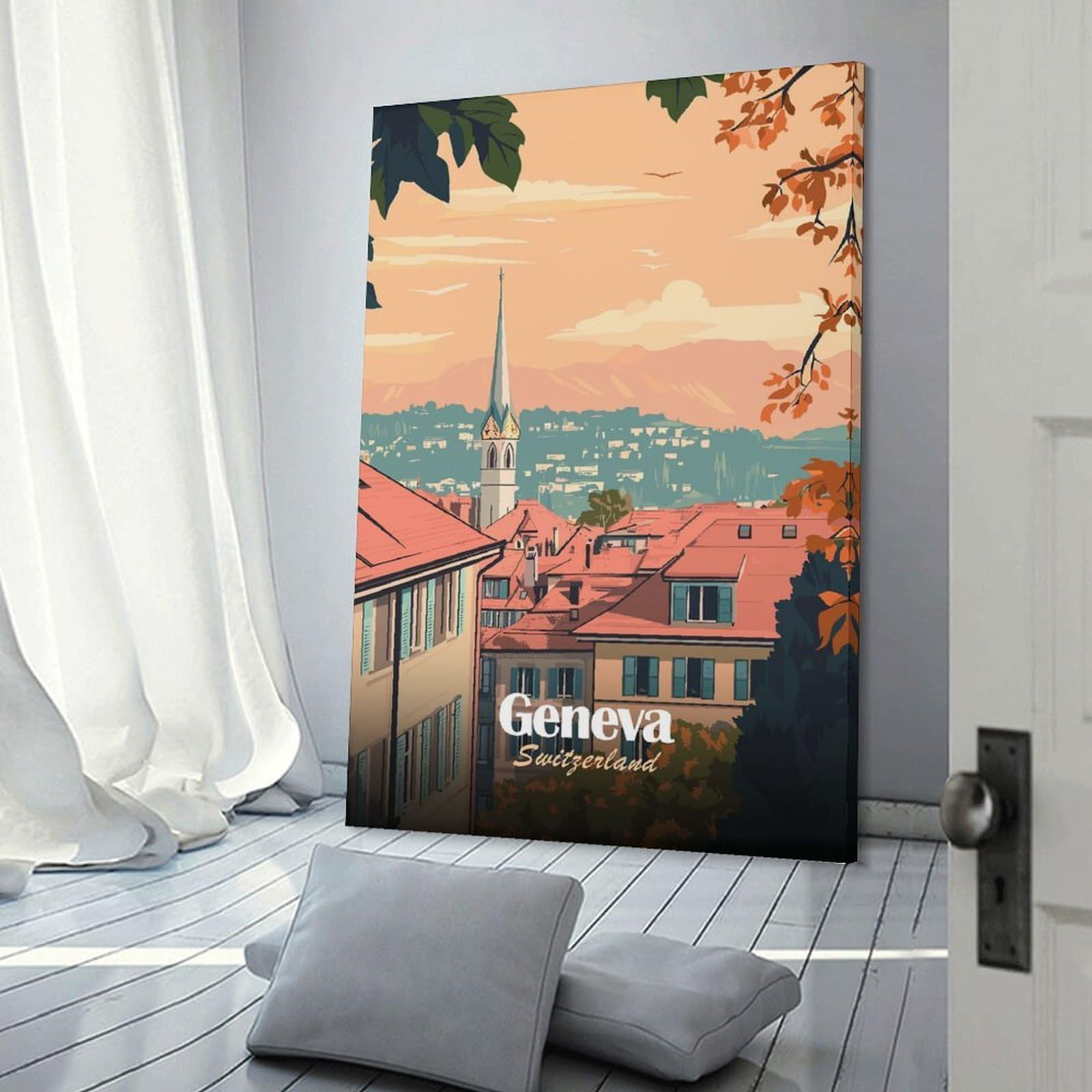 Junmoney Geneva Switzerland Cityscape Travel Wall Picture Print 08x12inch(20x30cm), for Home Office, Desk Area Or Studio, Home Office Artwork with Decorative Appeal
