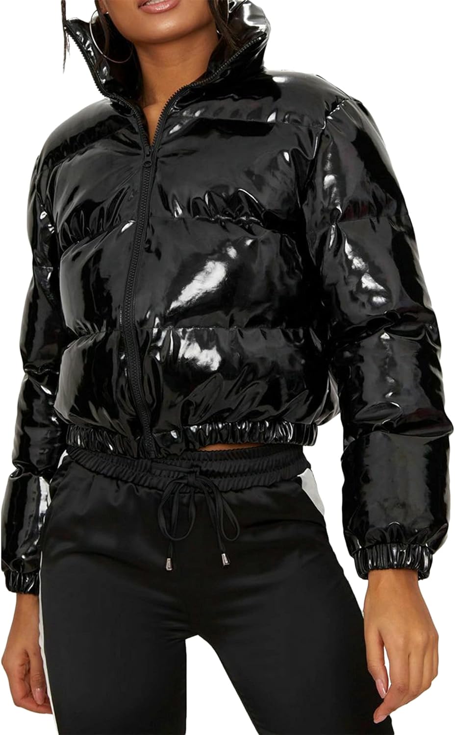 Women Colorful Patent Leather Down Jacket Long Sleeve Stand Collar Shiny Quilted Puffer Cropped Down Jackets