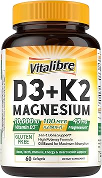 Vitalibre Vitamin D3 K2 + Magnesium Supplement, 10000 IU Vitamin D3 & 100 mcg K2, with Magnesium Glycinate, Bone, Teeth, Immune & Energy Support, High Absorption, Non-GMO, Easy to Swallow, 60 Softgels