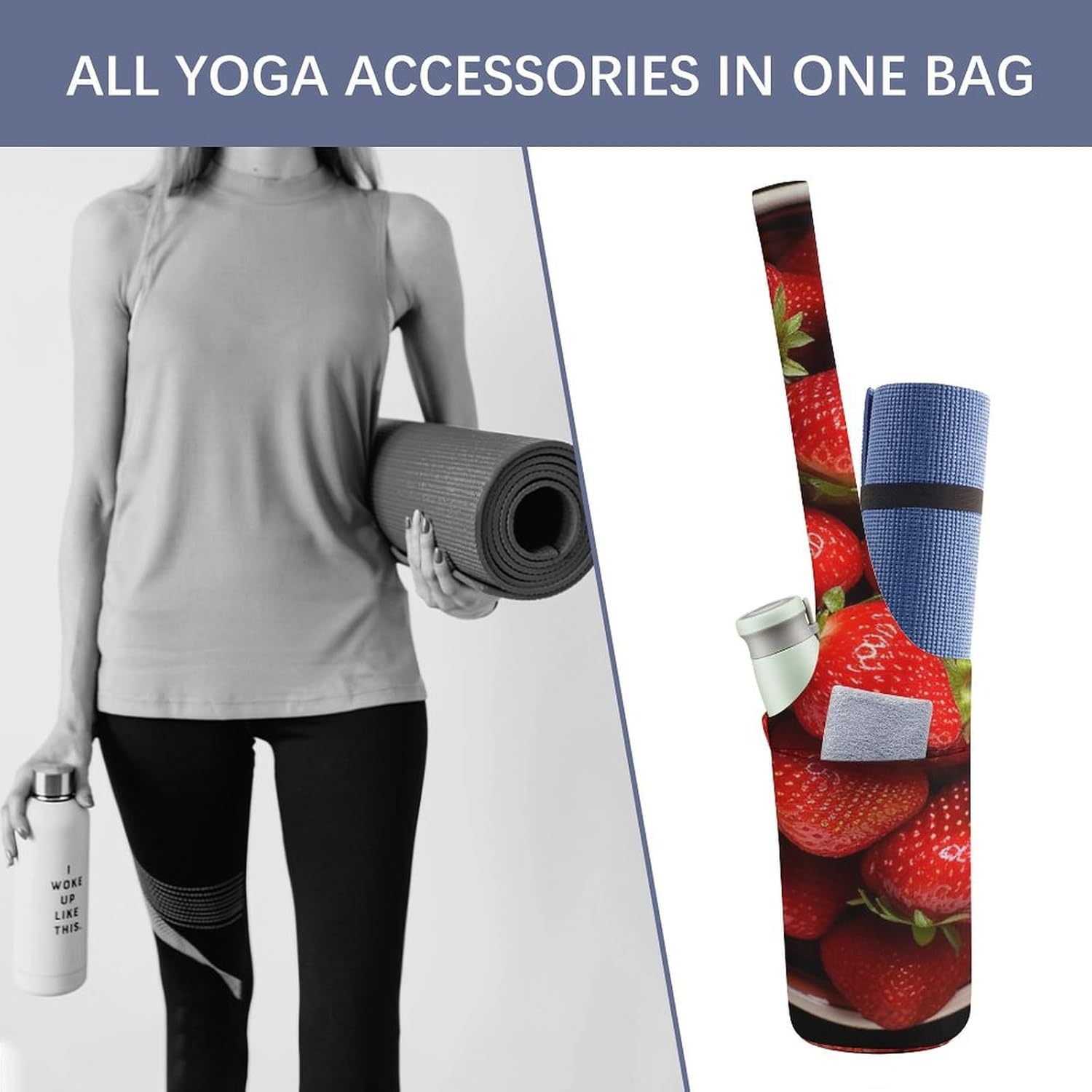 Canvas Yoga Bag,Strawberries in Bowl Printed Yoga Mat Handbag,Portable Yoga Mat Bag Large Capacity Gym Bag for Men Women Pilates Beach Travel