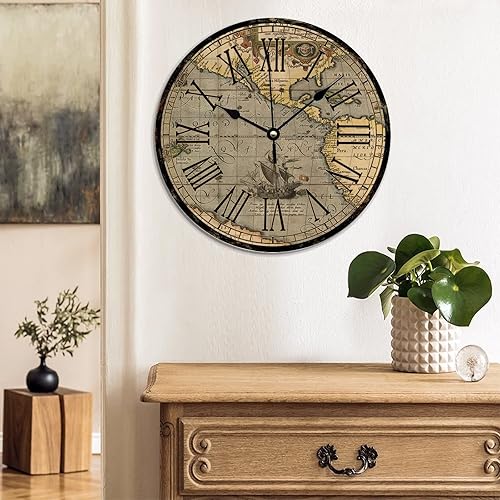 Miniatura 3 de Reloj para pared, estilo vintage, reloj de mapa del viejo mundo, estilo antiguo, retro, clásico, con mapa del mundo, relojes de pared, funciona con
