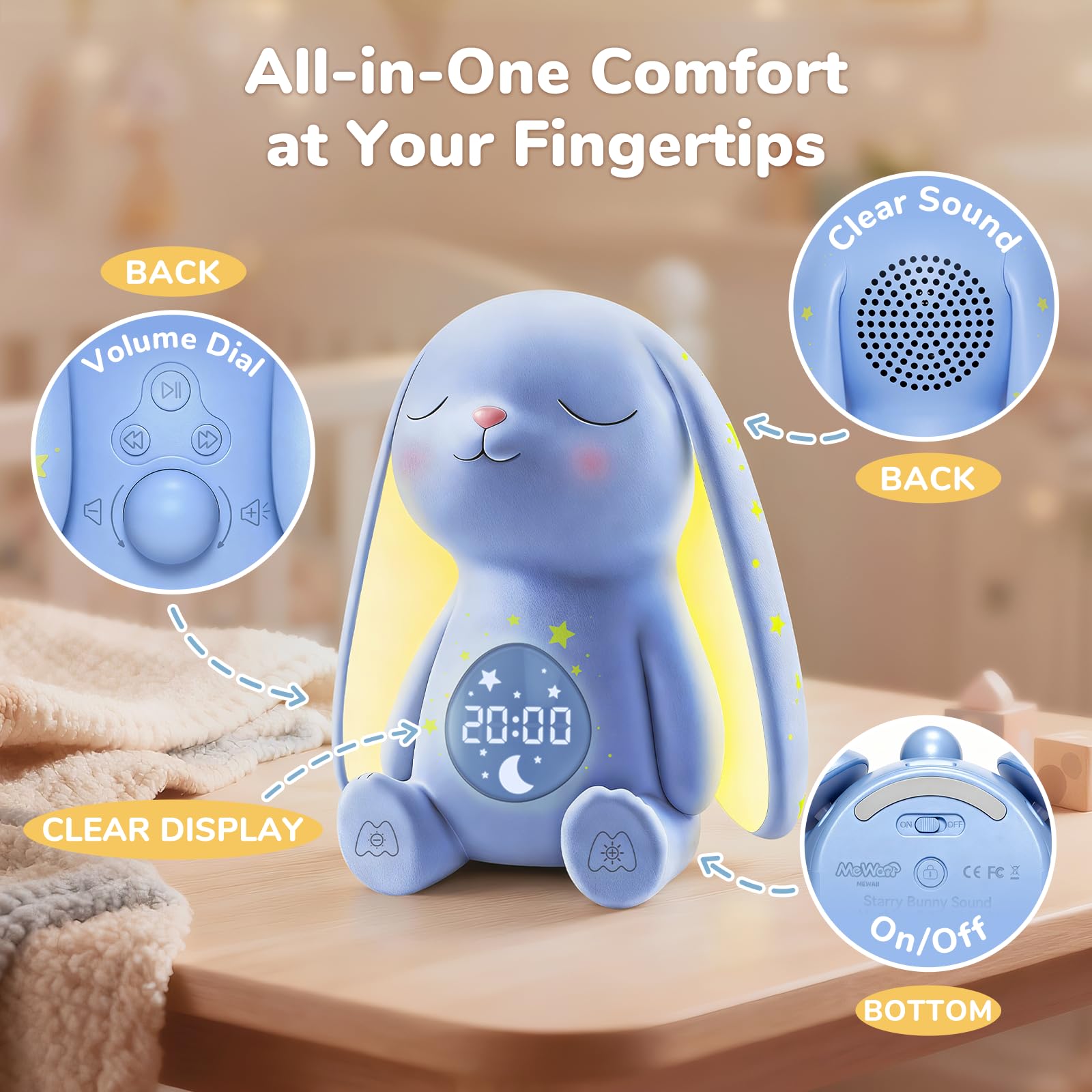 Bunny Baby Comfort Bundle : comprend une machine sonore à bruit blanc (contrôle par application) et une tétine pour bébé (télécommande) avec détection de pleurs avec sons et tapotements doux, cadeaux