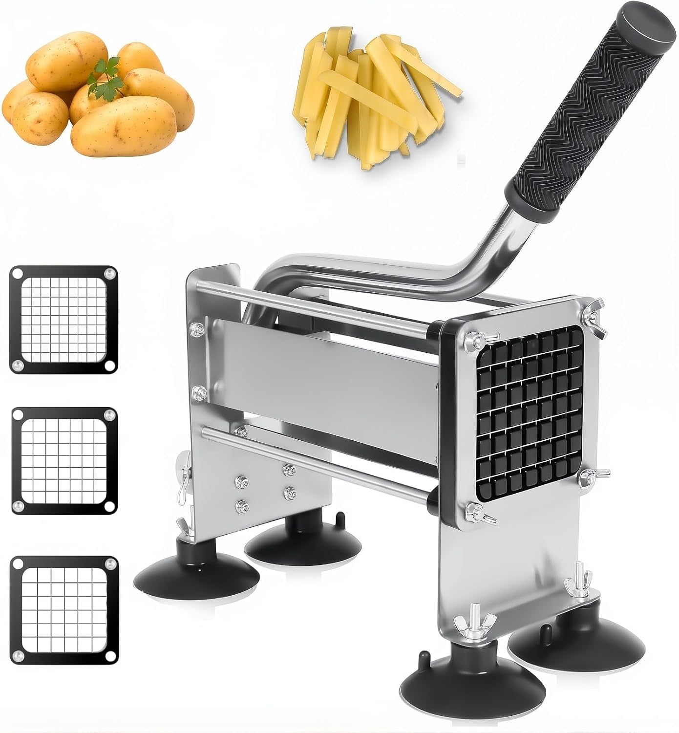 BOOZXCV French Fry, Stainless Steel Potato Chipper with 10Mm/12Mm/14Mm Blades & Suction Feet, Easy to Use for Potatoes, Carrots, Cucumbers, Kitchen Tool (12mm)