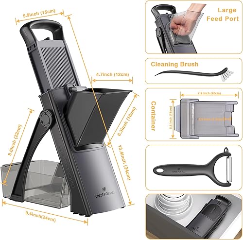 Vista 9 de ONCE FOR ALL - Mandolina segura para cocina, tamaño más grande, picadora de verduras ajustable, cortador de alimentos para hacer patatas fritas