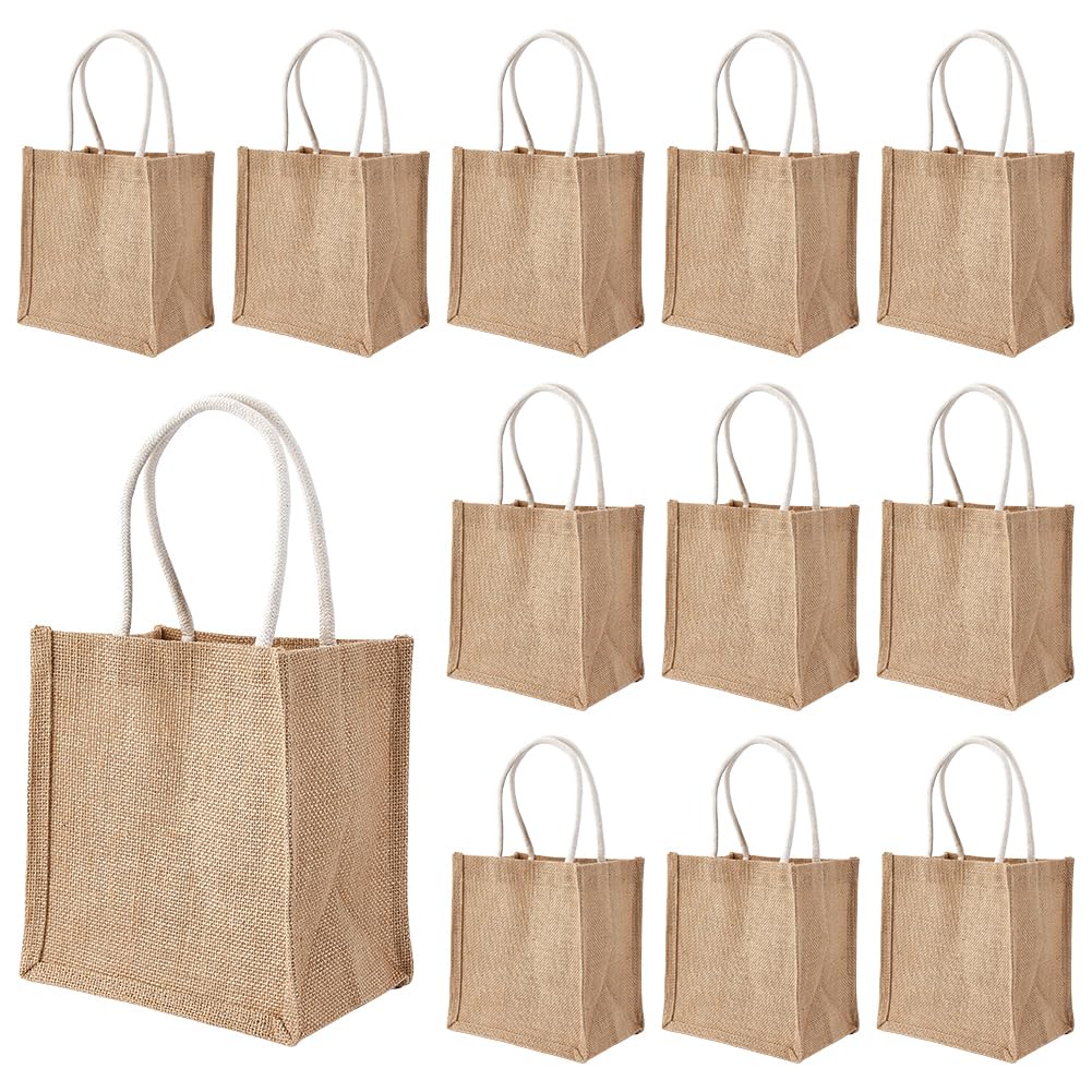 BENECREAT 12 mini bolsas de tela de yute con asa, bolsas de yute de lino natural, reutilizables, para bodas, día de la madre, fiestas