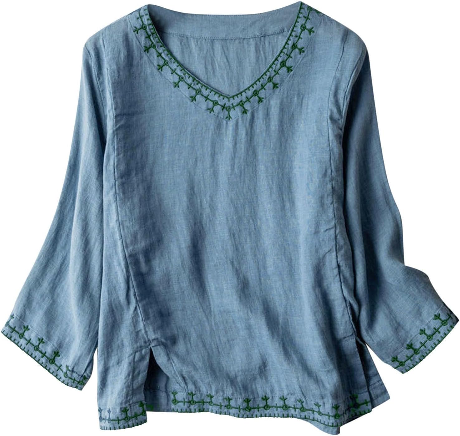 Cotton Linen Tops for Women Summer Casual 3/4 Sleeve T Shirts Lightweight Ethnic Style Embroidery Blouses Tees