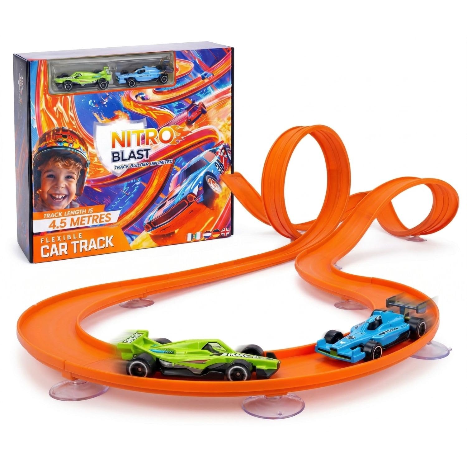 NITROBLAST© | Circuit Voiture Flexible | Cadeau Garcon 3 4 5 6 7 8 Ans | Jeu Fun| Jouet Compact| Idee Anniversaire Enfant Noel Saint Nicolas| Piste de Course F1 avec Ventouses | Compatible Hot Wheels
