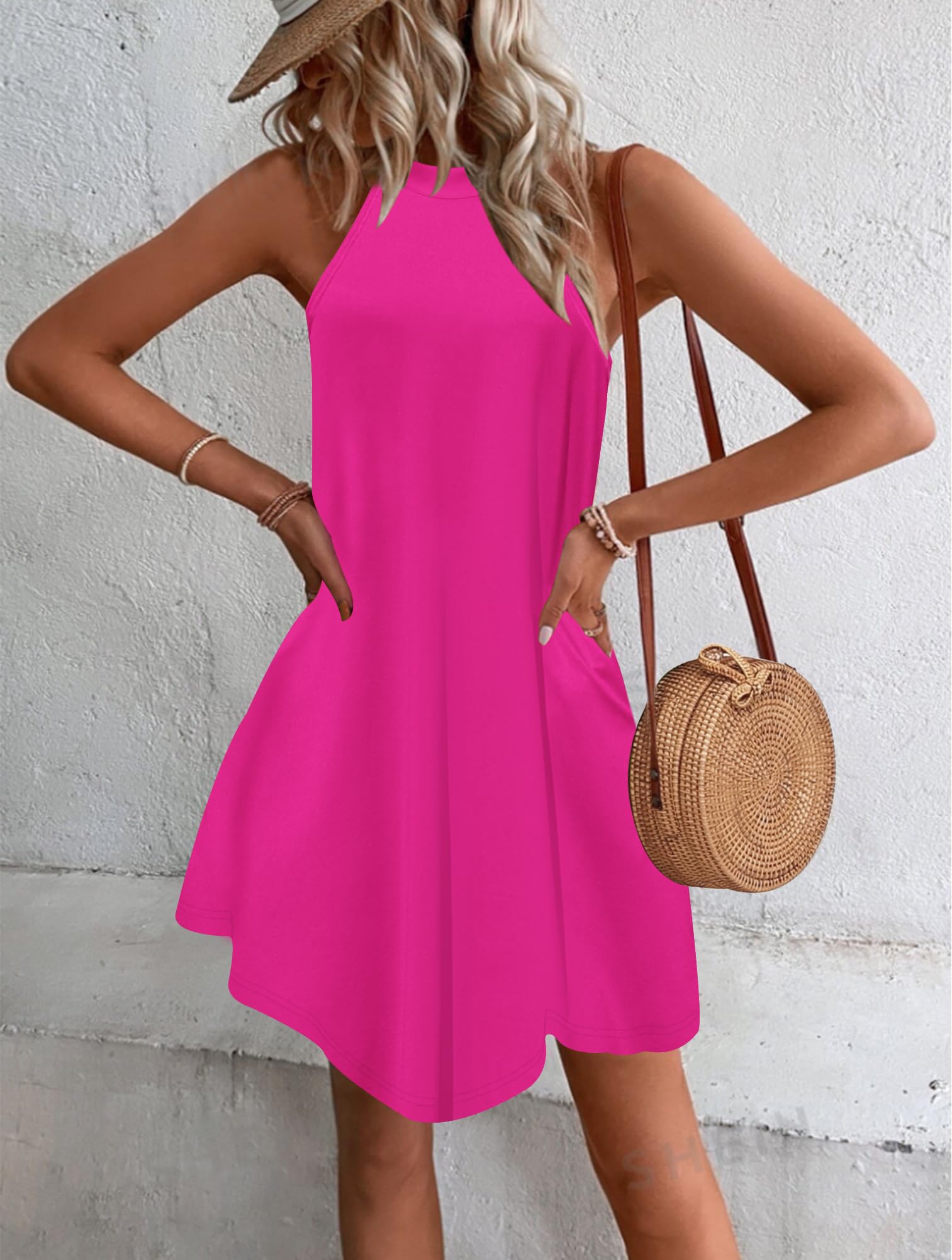 WNEEDU Abito Donna Estivo Vestito Spiaggia Senza Maniche Abito Cort Casual Collo Sospeso Copricostume