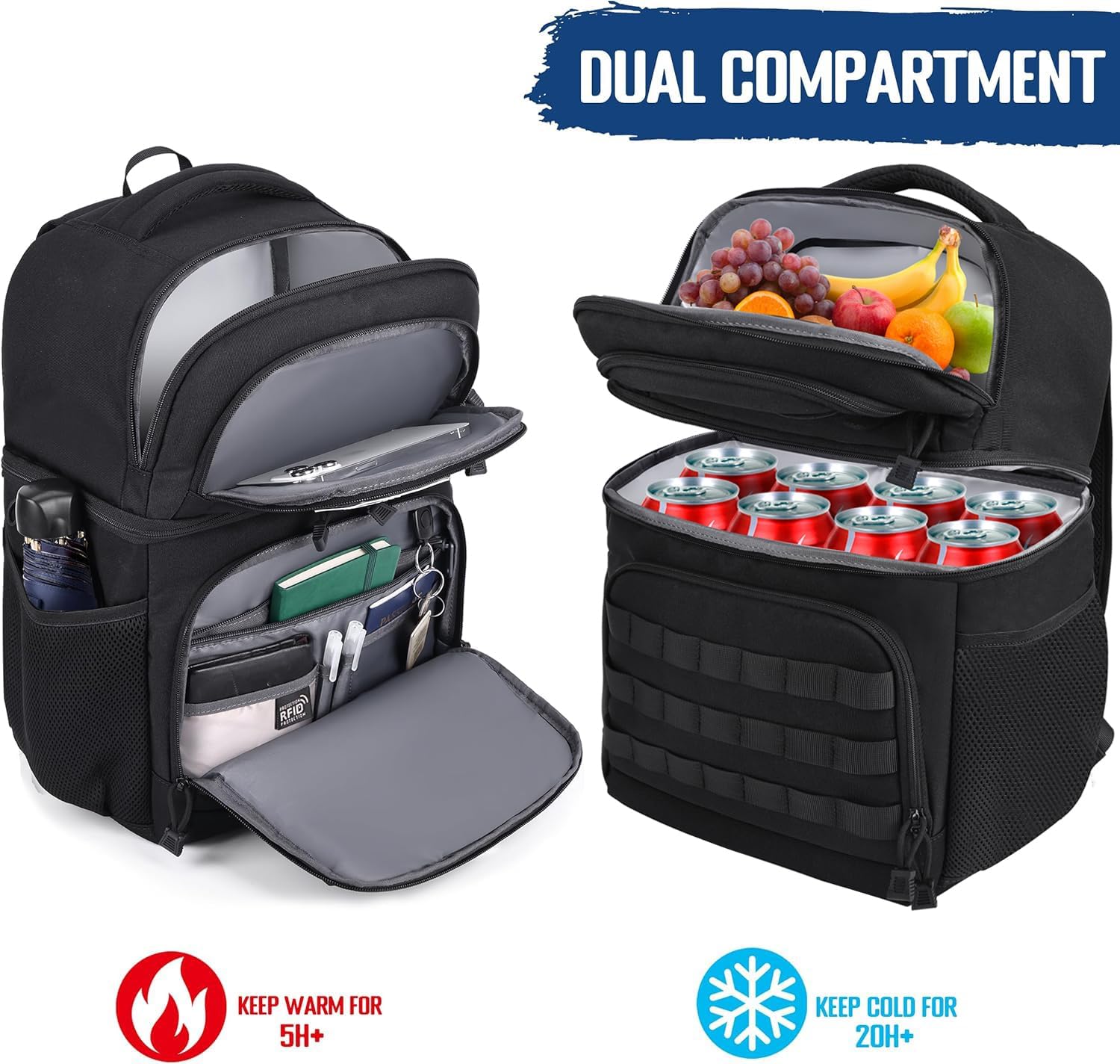 MOZETO Lunch Backpack for Men, Tactical Inspired Double Deck Cooler Backpack Insulated Leakproof RFID Lunchbox for Work - Image 2