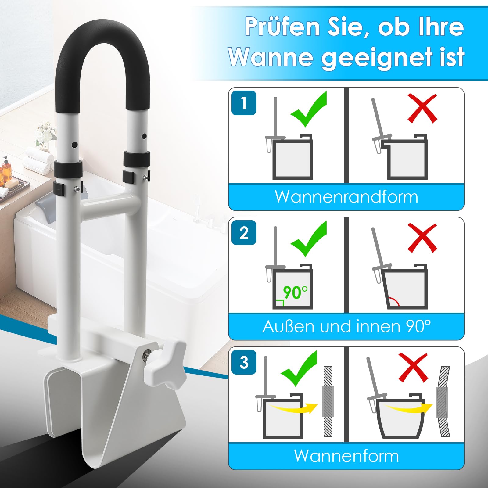 Asidero para bañera para personas mayores, asas ajustables para bañera, asa para bañera con almohadilla de goma, barra de agarre para borde de bañera