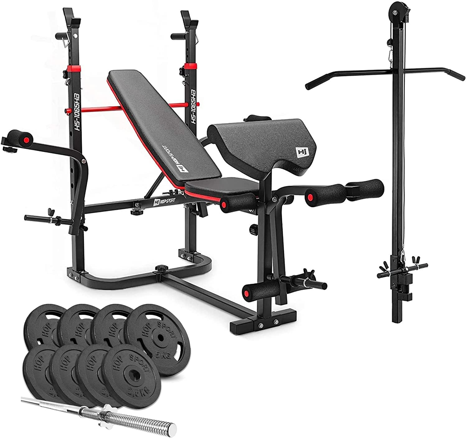 Hop-Sport Hantelbank Kraftstation 1065 mit Lang-, Curl- & Kurzhantel Gusseisen Gewichte 39kg bis 116kg