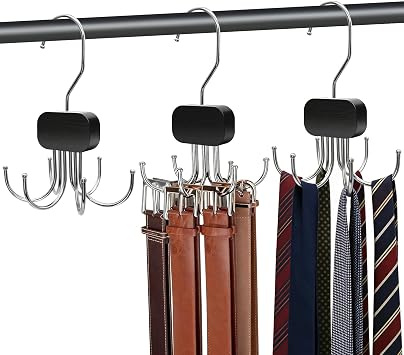 3 Pack Belt Hanger for Closet Organizer, Tie Hangers for Closet Storage | Cakuuwu 360° Rotatable & Foldable Hooks, Large Capacity Holder Space Saving Rack for Tank Top, Bra, Purse, Hat (Black)