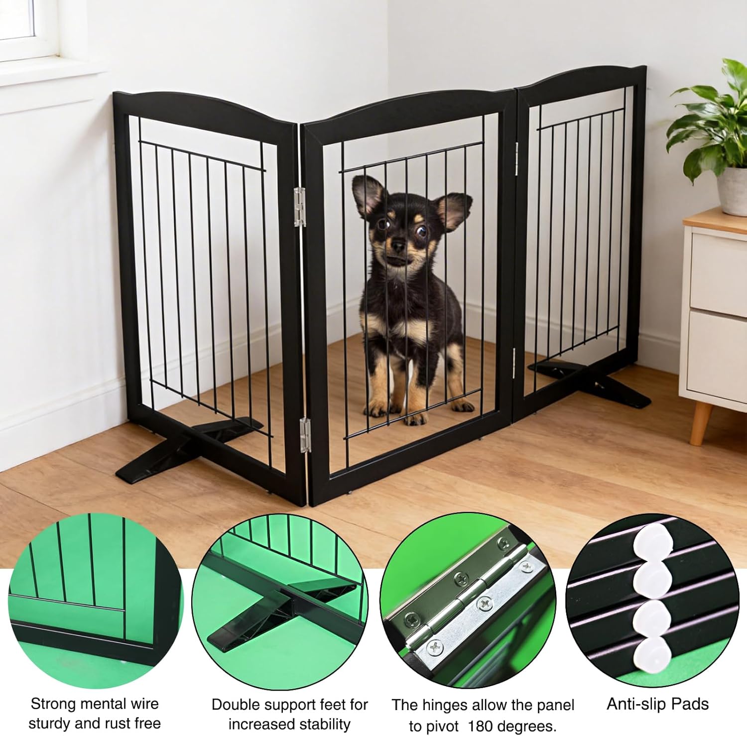 ZJSF Freestanding Dog Fence Indoor, Foldable Dog Gate for Doorways, Stairs or Hallways, Sturdy Wood Extra Wide Pet Gate with Support Feet for The House, Black, 24 Height-3 Panels