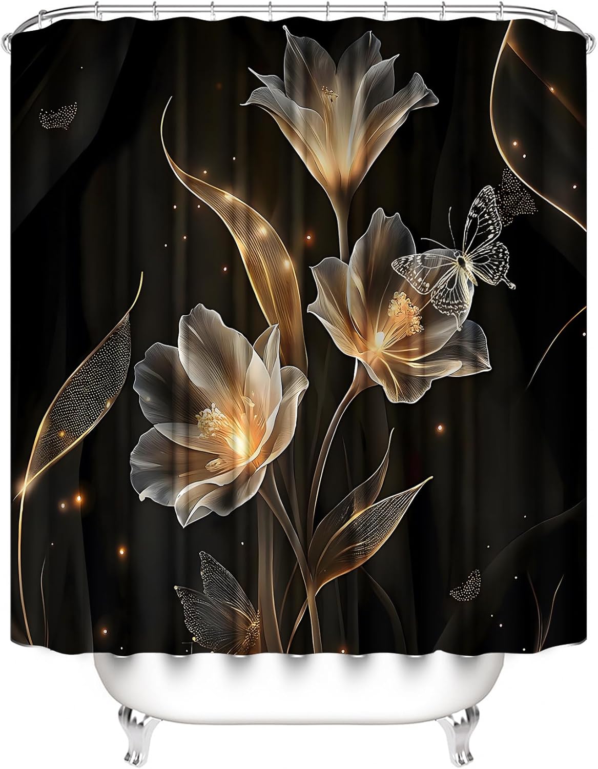 AZHM Floral Butterfly Pattern Shower Curtain for Bathroom 4 PCS Bathroom Decor Sets with Shower Curtain and Rugs and Accessories with 12 Hooks
