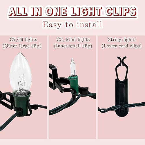 Miniatura 10 de Clips de luz de Navidad todo en uno, paquete de 100 unidades, ganchos universales para colgar luces C7, C9 y mini, clips de gancho de luz de Navidad