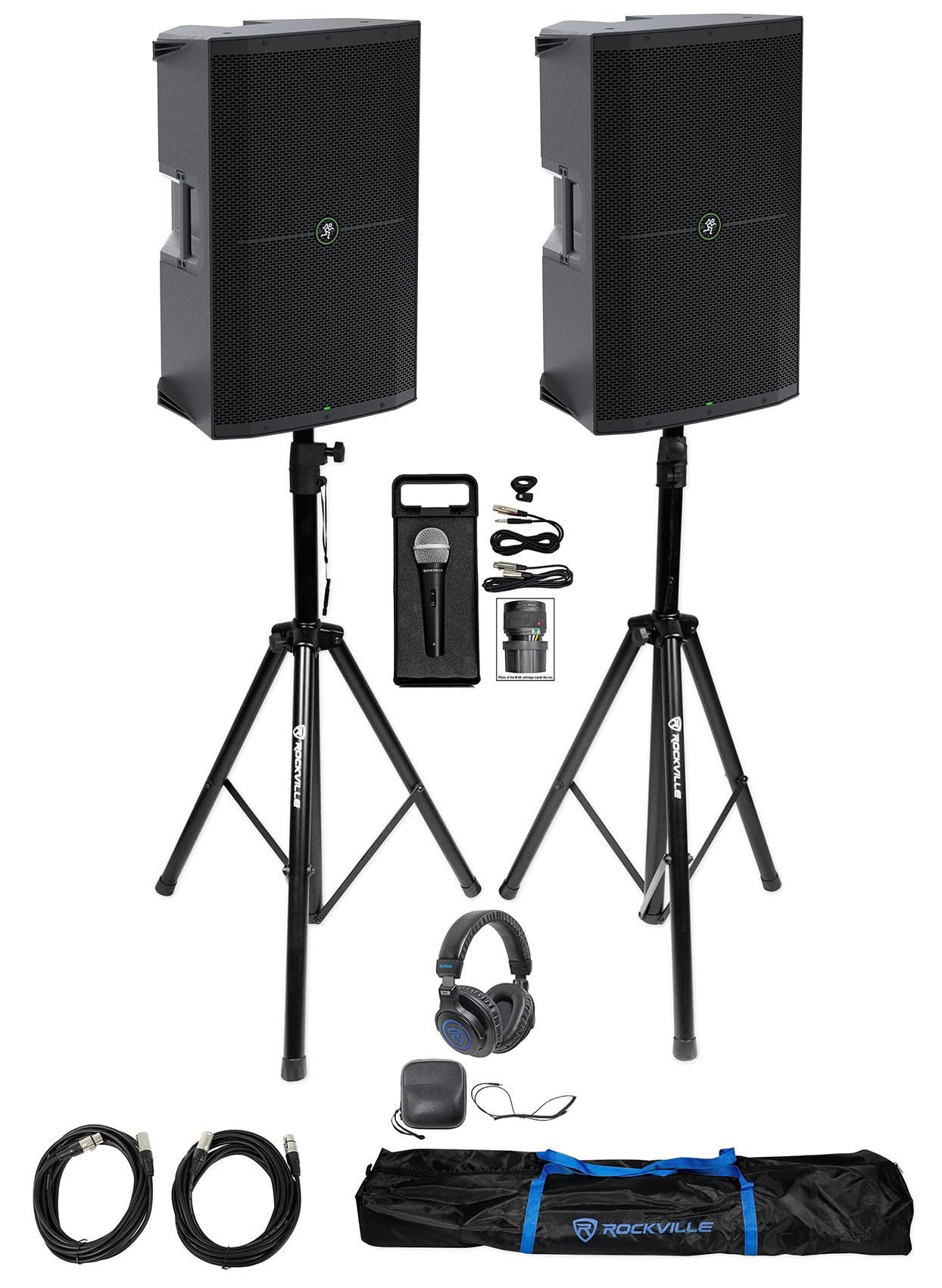 Audiosavings Bundle: (2) Mackie Thump215 DJ PA Speaker Bundle with Pair of Rockville Adjustable Tripod Speaker/Light Stands, Rockville DJ1500 DJ Headphones + Rockville RMC-XLR DJ Microphone (5 Items)