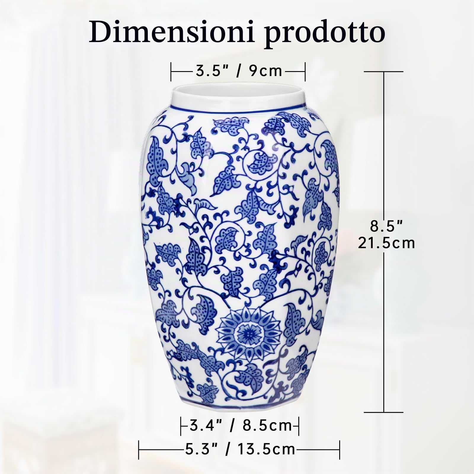 Oairse Vaso e bianco, ceramica blu per decorazione casa 21,6 cm, porcellana blu e bianca per soggiorno, bagno, tavolo da pranzo