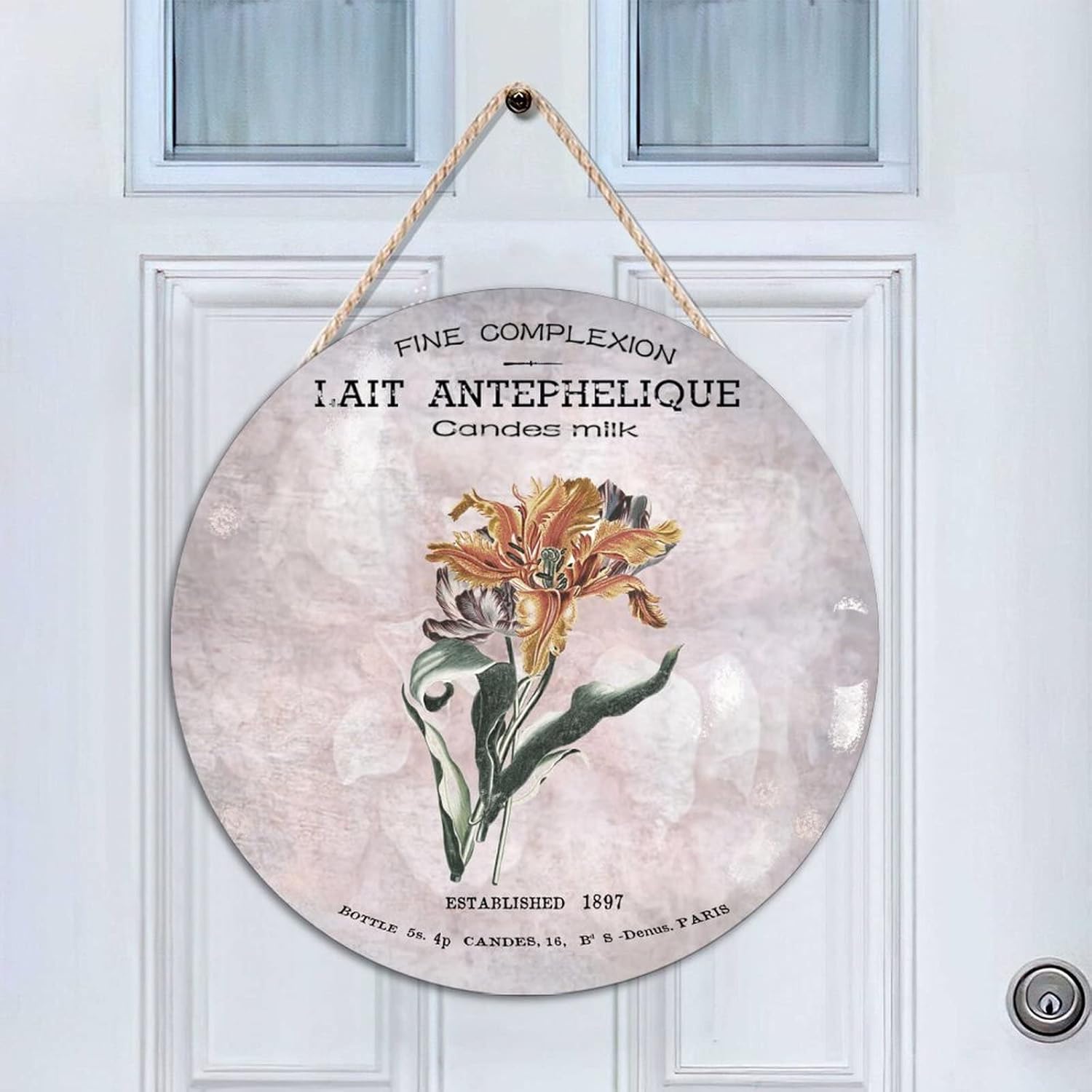 French Vintage Flower Wood Door Sign Retro Round Door Hanger Sign 16x16in Flower Wall Hanging Sign Plaque for Front Door Entryway Porch Bar Pub Farewell Party Housewarming Gifts