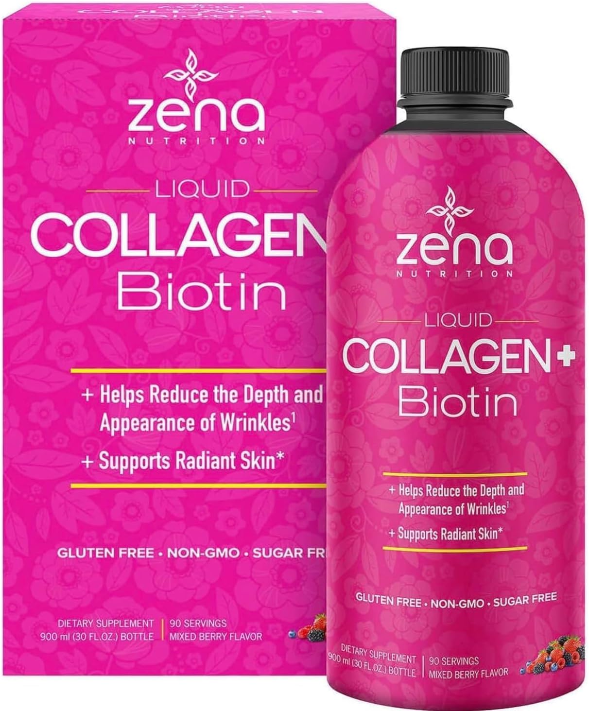 Zena Liquid Collagen + Biotin: 2500mg Collagen, 5000mcg Biotin, Verisol Formula | Hair, Skin, Nail & Joint Support | Non-GMO, Mixed Berry Flavor /90 Servings Pack of 1