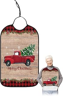 BOBOWUNY Christmas Truck Adult Bibs for Elder Women Men Eating, Black Red Checkered Xmas Tree Snowflake Wood Waterproof & Washable Bibs for Eating Clothing Protector Dining Bibs for Crumb Catcher