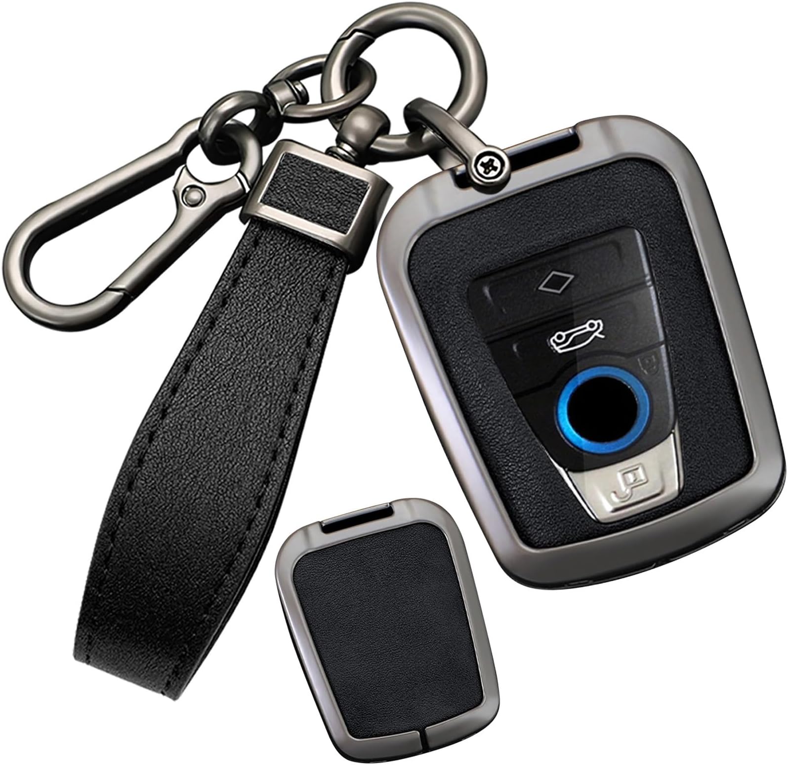 SANRILY Metal Leather 4 Button Smart Key Fob Cover Compatible with BMW i8 2014-2022 i3 Accessories Keyless Anti-Scratch Key Fob Protector with Leather Keychain Black