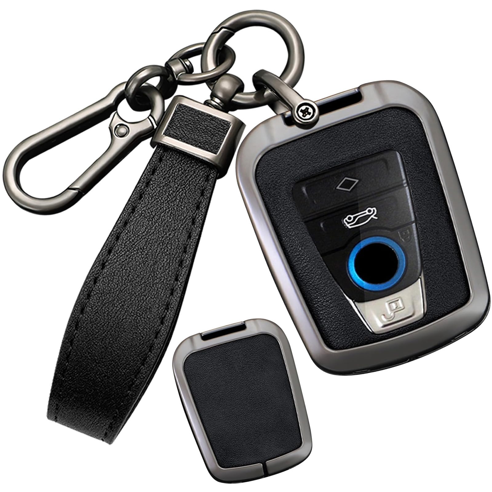 SANRILY Metal Leather 4 Button Smart Key Fob Cover Compatible with BMW i8 2014-2022 i3 Accessories Keyless Anti-Scratch Key Fob Protector with Leather Keychain Black