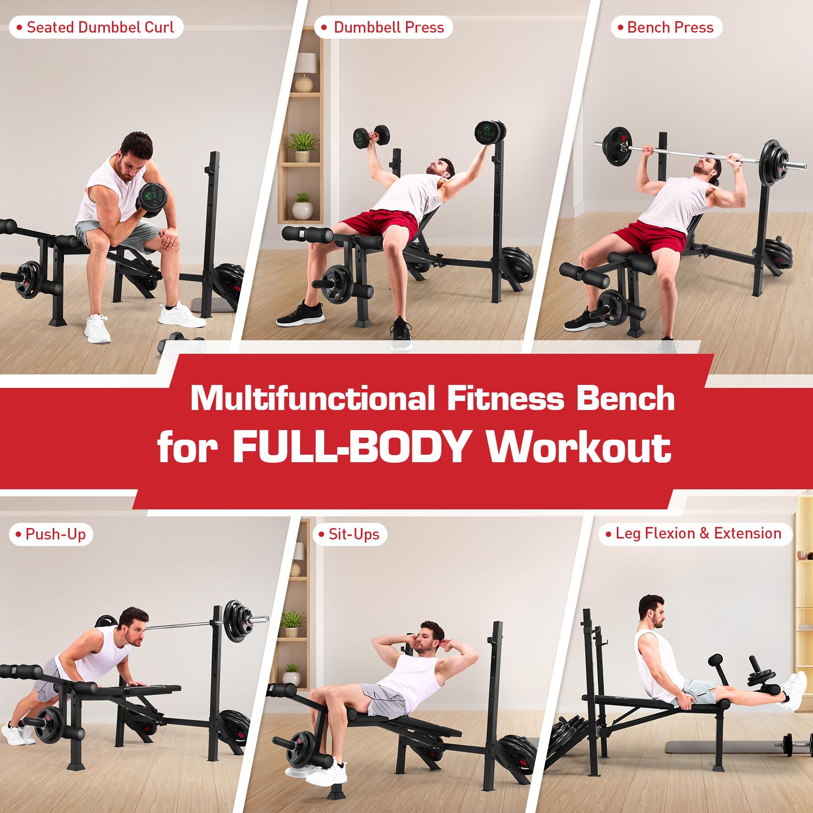 Adjustable Weight Bench Press Set 900LBS with 72''W Squat Rack & Leg Extension/Curl Foldable Workout Bench for Full Body Fitness Flat/Incline/Decline Upgrade Weight Benches for Home Gym