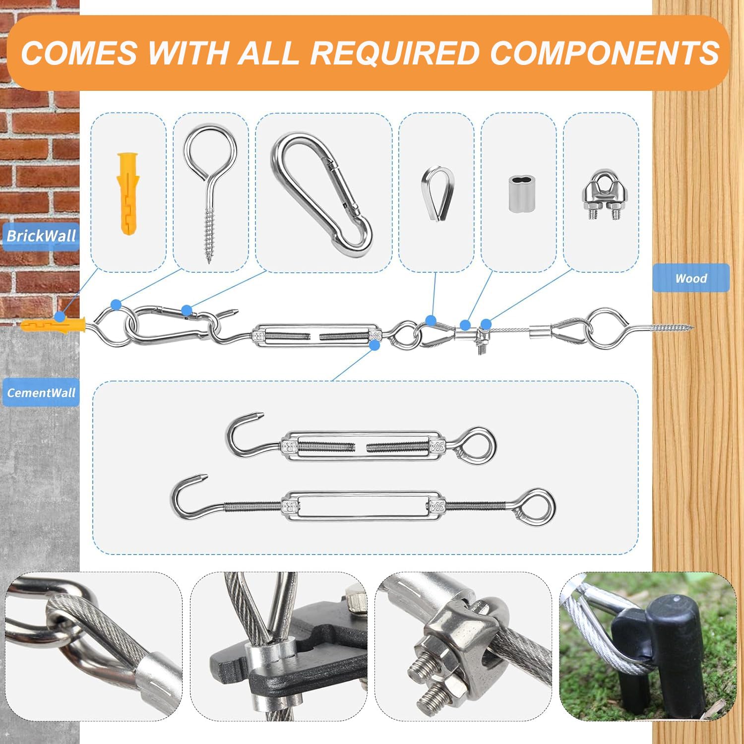 Kit di cavo acciaio da 60 m, funi metalliche in acciaio inox da 3 mm con tenditori M5, funi di sospensione rivestite in vinile per luci a filo da esterno, campeggio, tralicci da giardino