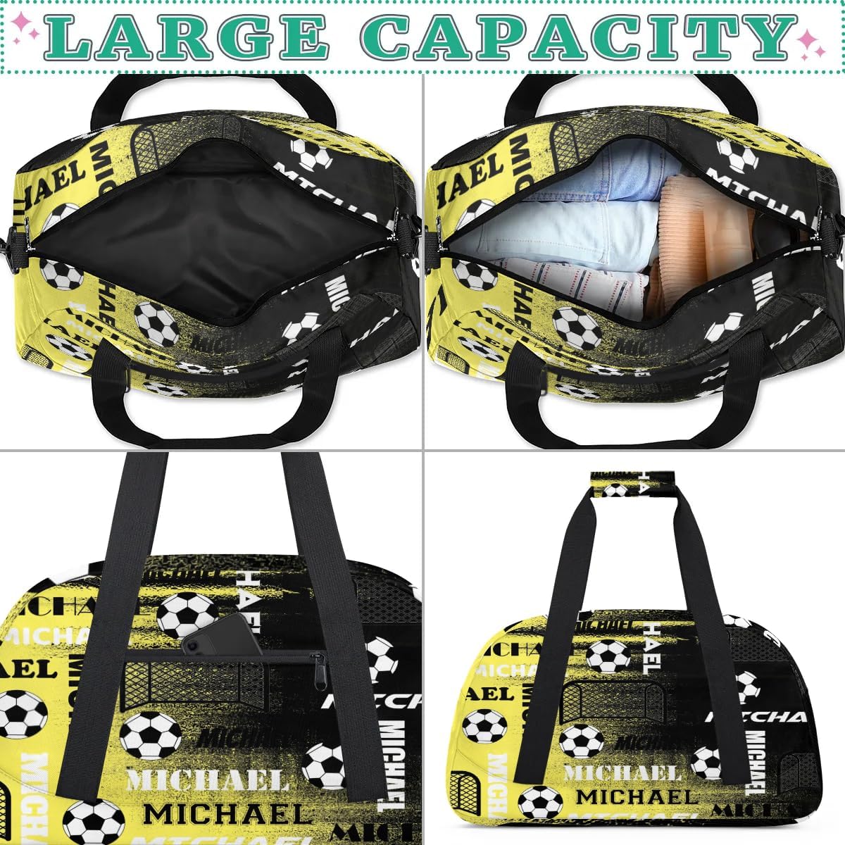 Custom Soccer Gym Bag Duffel Bag for Women Men, Personalized Name Sport Bag Overnight Bags Custom Travel Weekender Bag with Name, Yellow Black Print
