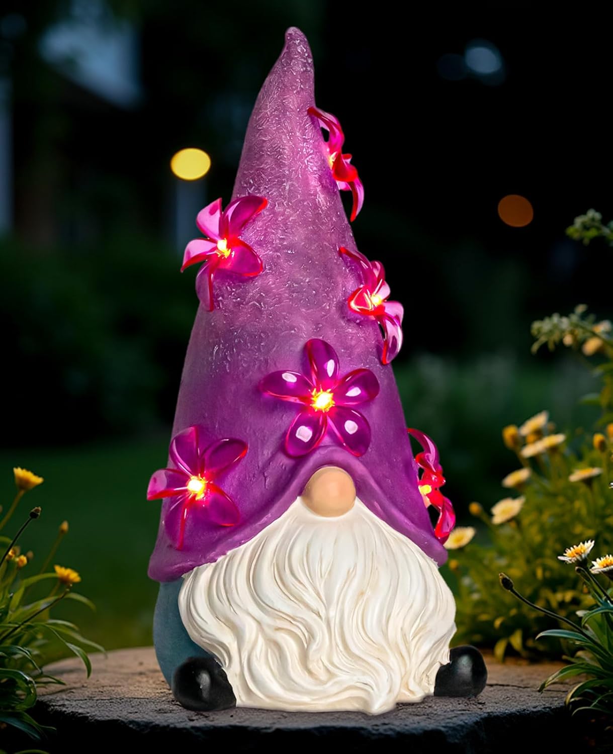 Solar Garden Outdoor Statues Gnome with Green Flower Lights, Resin Lawn Decor, Gnomes Decorations for Yard, Patio, Home, Balcony (Purple)