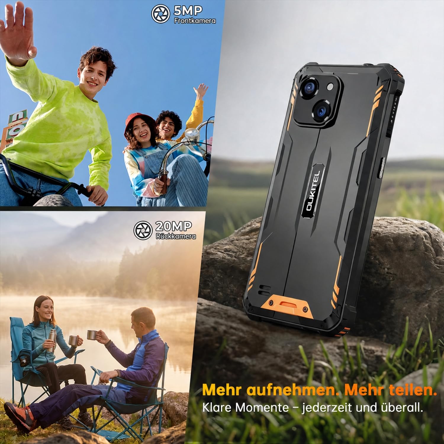 WP32 Outdoor Smartphone ohne Vertrag, Android 15 Outdoor Handy, 16GB RAM + 128GB Speicher, 6300mAh Akku, 6,0 Zoll, 20MP + 5MP Kamera, Dual-SIM, IP68, NFC, OTG, GPS, Grün