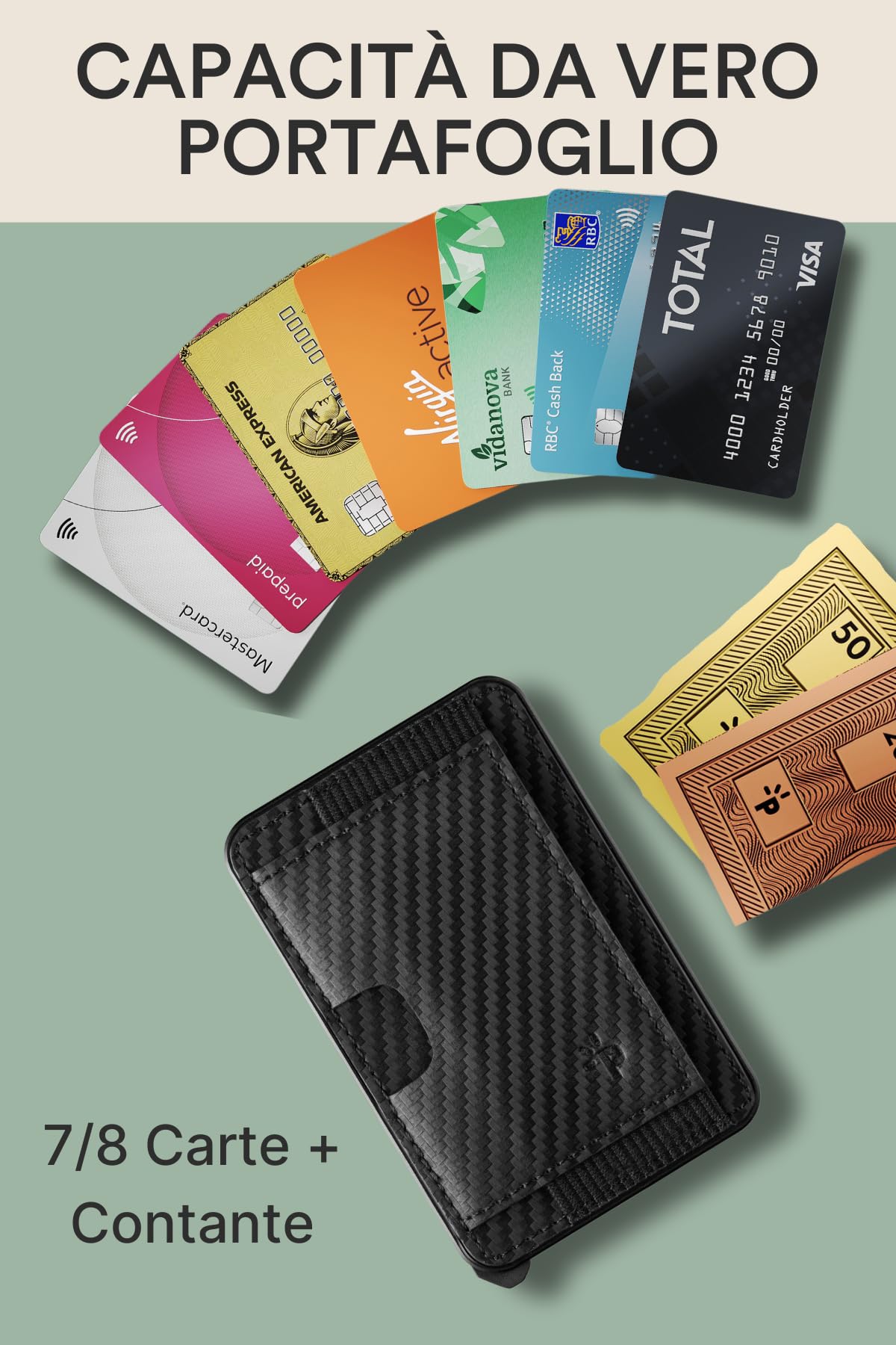 PAGONGO Portafoglio A Scatto Magsafe Apple, per 7 Carte, Wallet, Accessori Magsafe, Portacarte (Con Tasca in Pelle, e Anello Magnetico) - Fibra di Carbonio