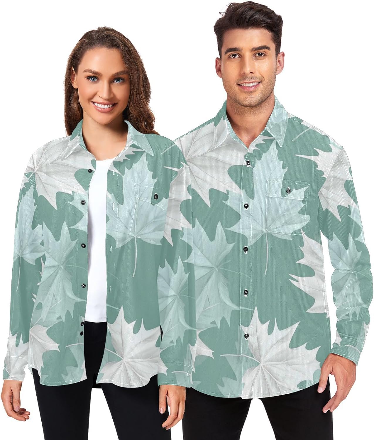 Green White Maple Leaf Woolen Cord Fabric Mens Rugby Shirts Long Sleeve for Women Slim Fit with Pockets