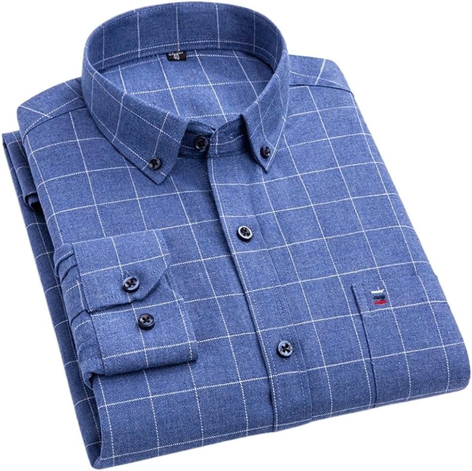 Shirt Casual Plaid Button-Down for Men Long-Sleeved Slim