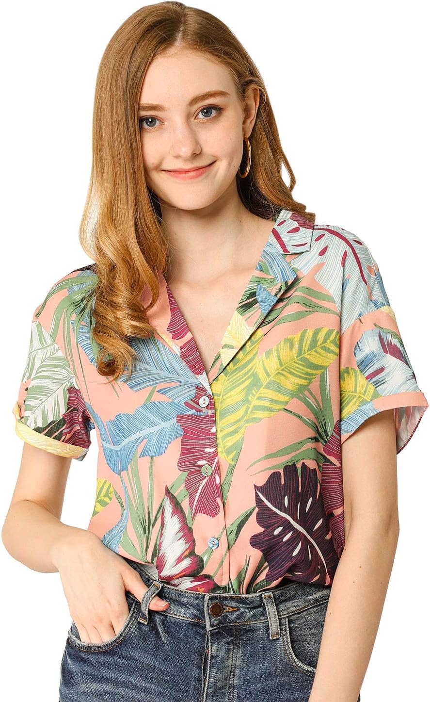 Allegra K Women's Hawaiian Shirts Floral Top Printed Short Sleeve Button Down Shirt Summer Tropical Tops