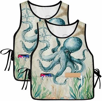 Coastal Teal Octopus Cobbler Aprons with 2 Pockets for Women Men, Vintage Nautical Marines Life Fashionable Printed Unisex Bib Waterproof Cleaning Smock Vest for Chef Kitchen 2 Packs, 20x 31.5
