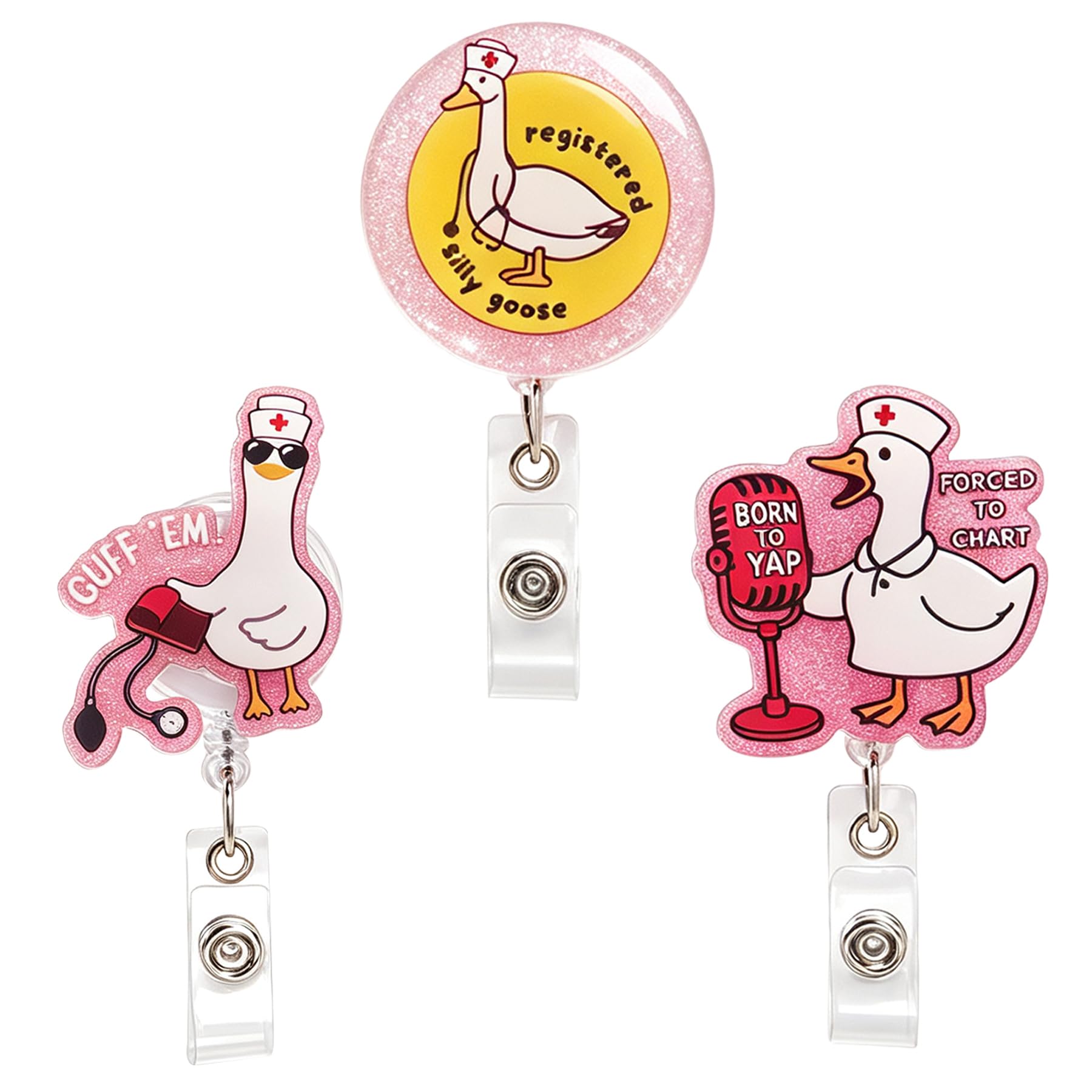 Wasise Funny Goose Nurse Badge Reel, 3PCS Cute Cuff 'Em Retractable Clip