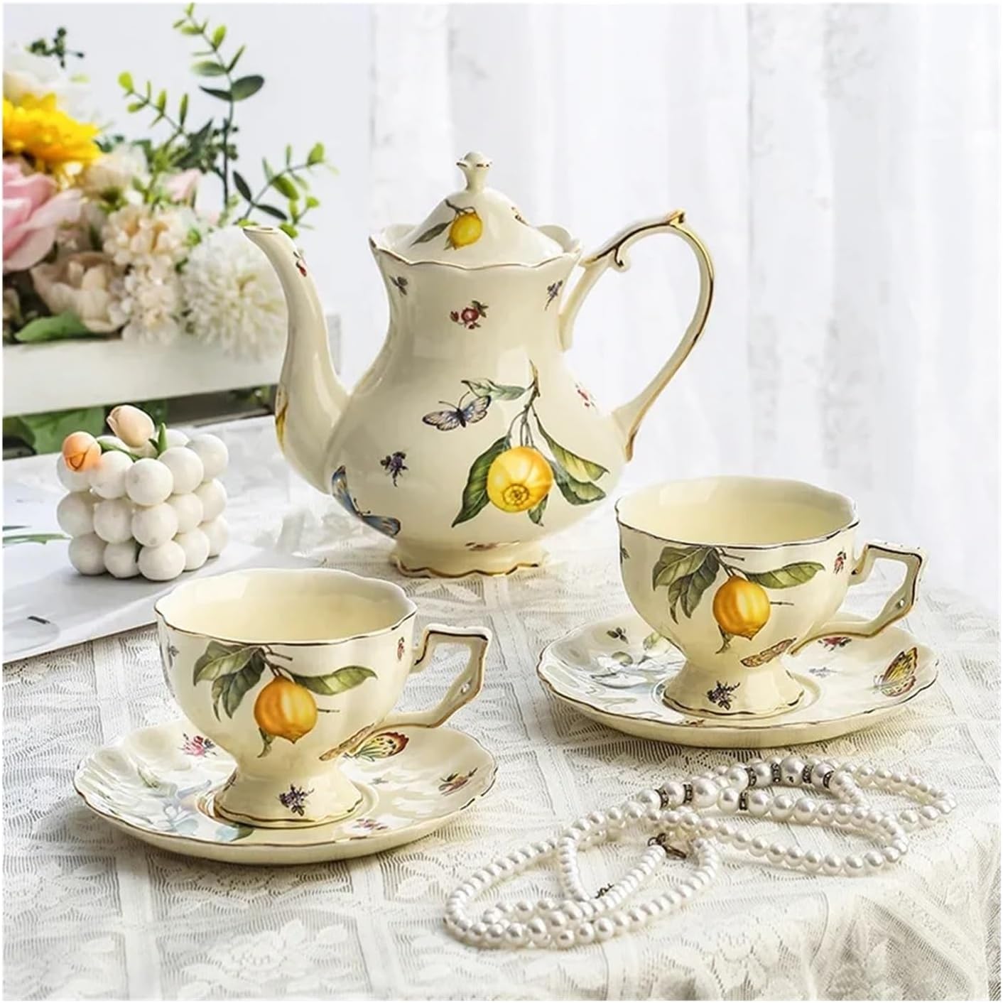 Ceramic Mug Coffee Cup and Saucers Set Lemon Pattern Retro Afternoon Tea Cup Dessert Plate(Color: 1)