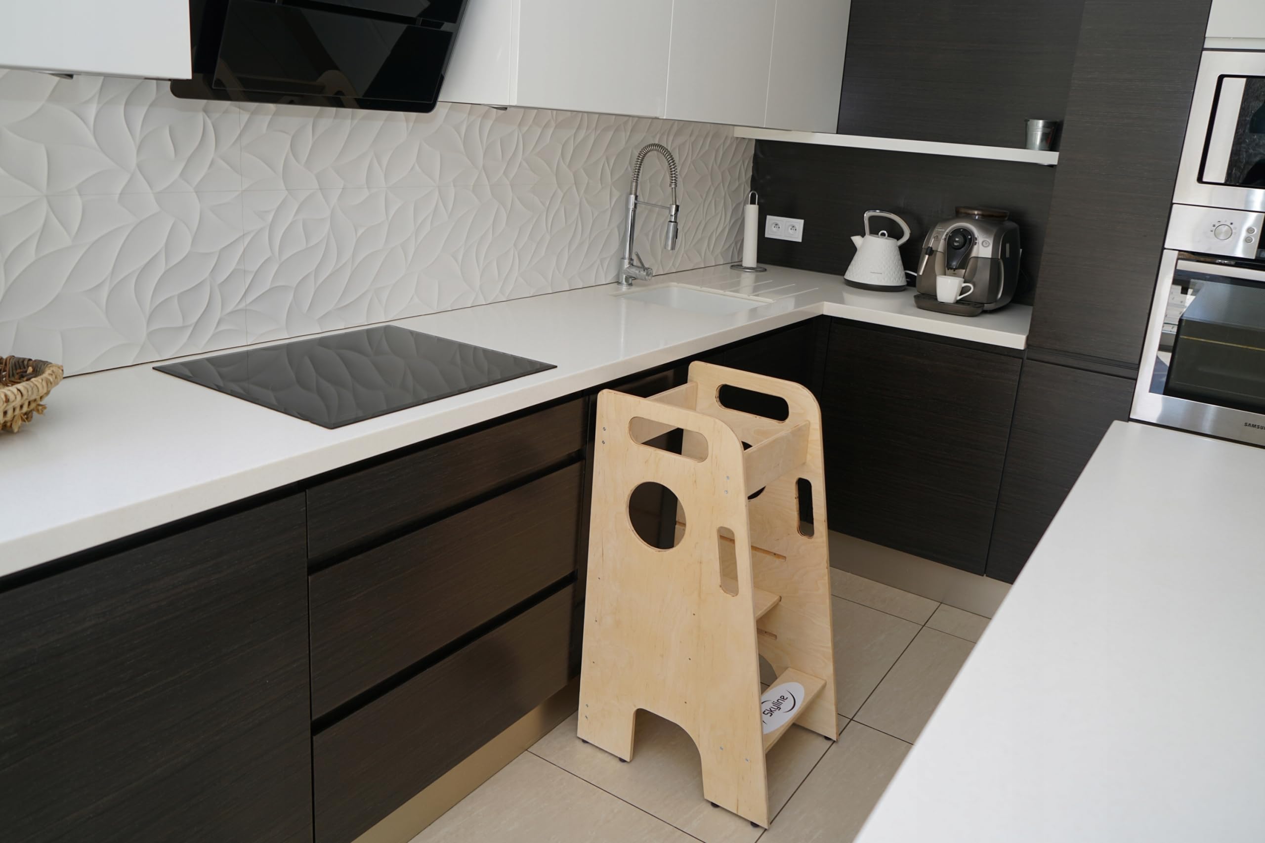 Skyline Torre di Apprendimento Libreria Montessoriana per Bambini Scaletta Pieghevole Tavolino Sedia Torretta Pieghevoli Scrivania Sgabello Tavolo Kitchen Helper Learning Tower nero/bianco